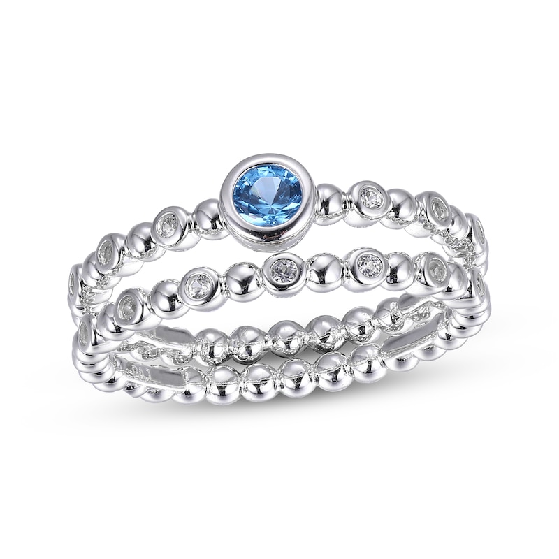 Main Image 1 of Swiss Blue Topaz & White Lab-Created Sapphire Beaded Stacking Ring Set Sterling Silver