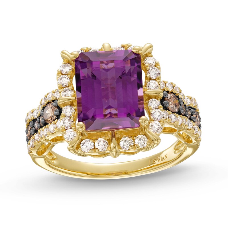 Main Image 1 of Le Vian Chocolate Waterfall Emerald-Cut Amethyst Ring 7/8 ct tw Diamonds 14K Honey Gold
