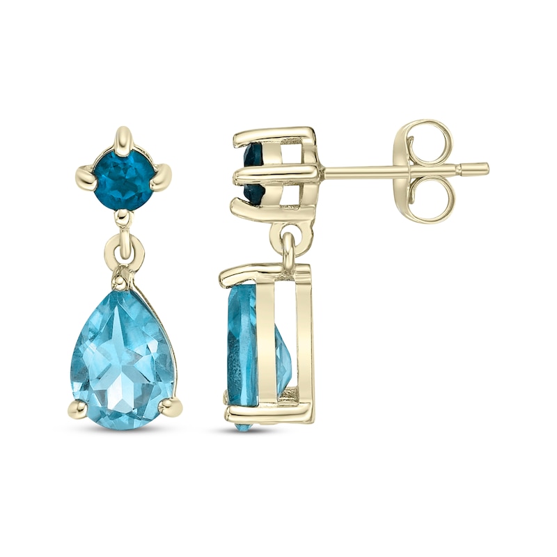 Main Image 3 of Round-Cut London Blue Topaz & Pear-Shaped Swiss Blue Topaz Drop Earrings 10K Yellow Gold