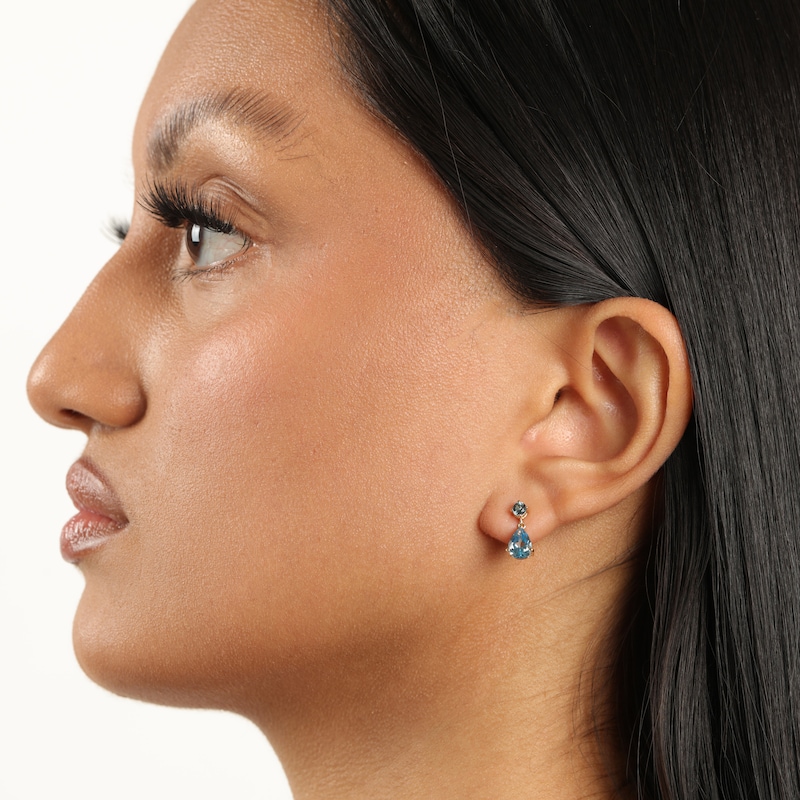 Main Image 5 of Round-Cut London Blue Topaz & Pear-Shaped Swiss Blue Topaz Drop Earrings 10K Yellow Gold