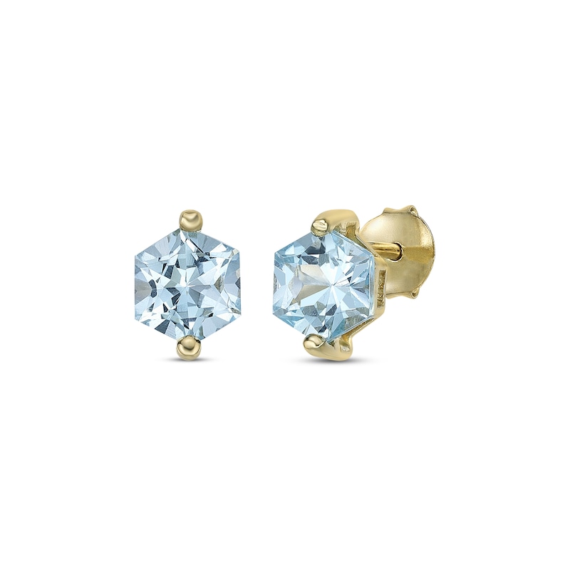 Main Image 1 of Hexagon-Cut Swiss Blue Topaz Solitaire Stud Earrings  10K Yellow Gold