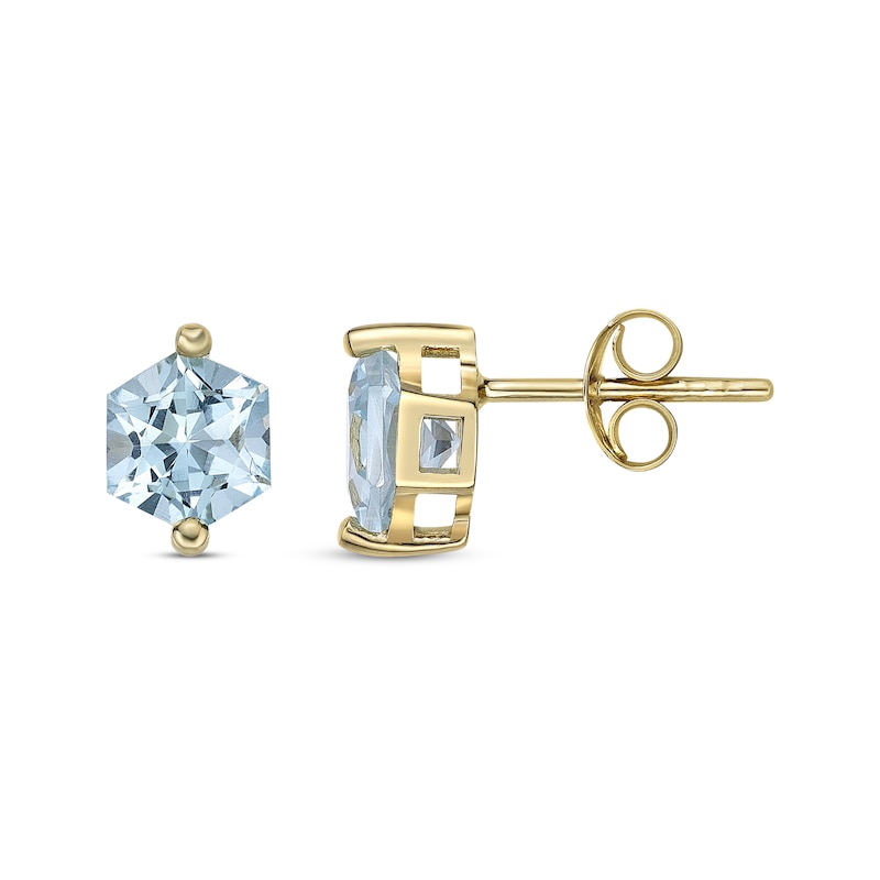 Main Image 3 of Hexagon-Cut Swiss Blue Topaz Solitaire Stud Earrings  10K Yellow Gold