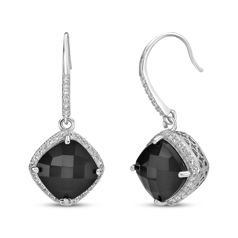 Main Image 1 of Cushion-Cut Black Onyx & White Lab-Created Sapphire Drop Earrings Sterling Silver