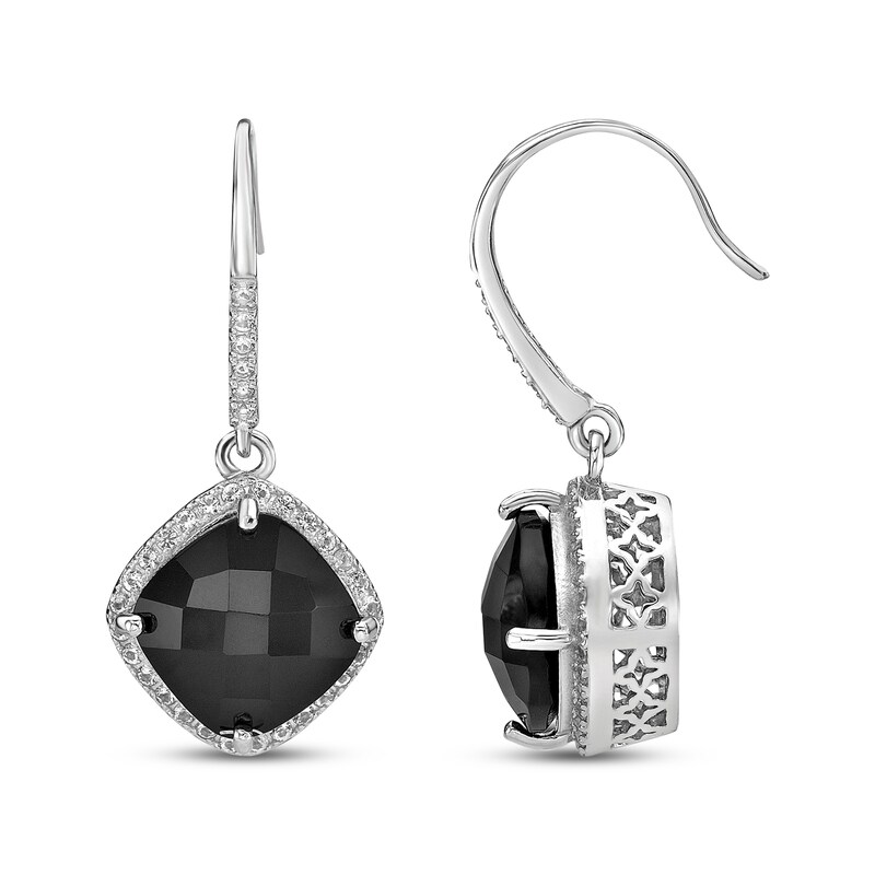 Cushion-Cut Black Onyx & White Lab-Created Sapphire Drop Earrings Sterling Silver