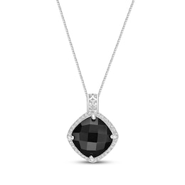 Cushion-Cut Black Onyx & White Lab-Created Sapphire Necklace Sterling Silver 18"