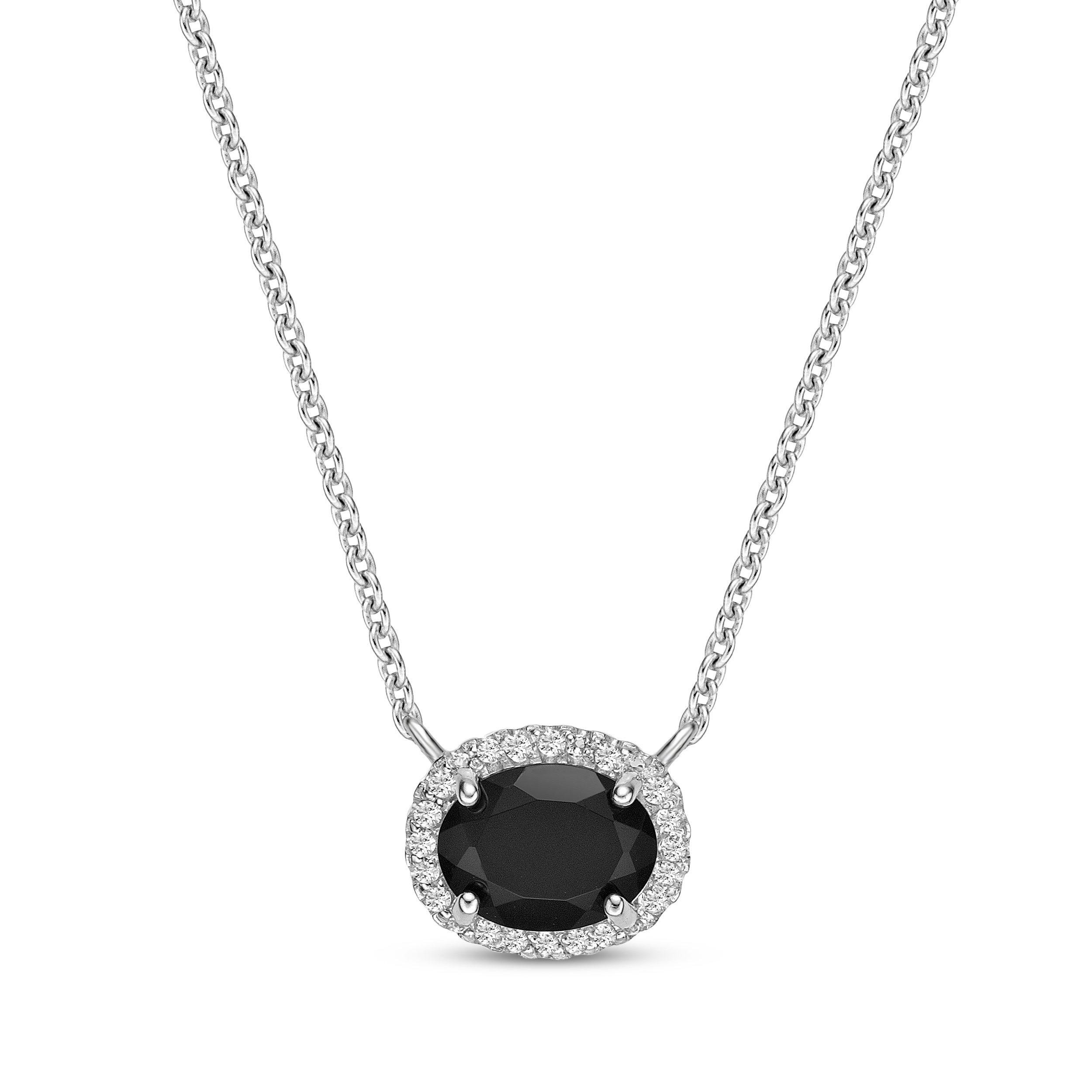 Oval-Cut Black Onyx & White Lab-Created Sapphire Necklace Sterling Silver 18"