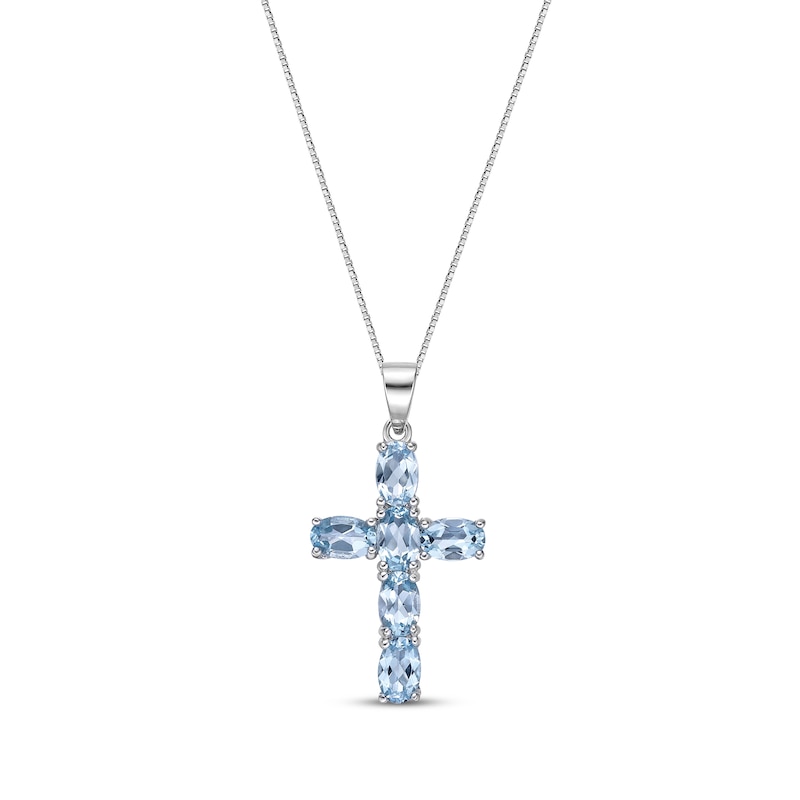 Main Image 1 of Oval-Cut Swiss Blue Topaz Cross Necklace Sterling Silver 18”