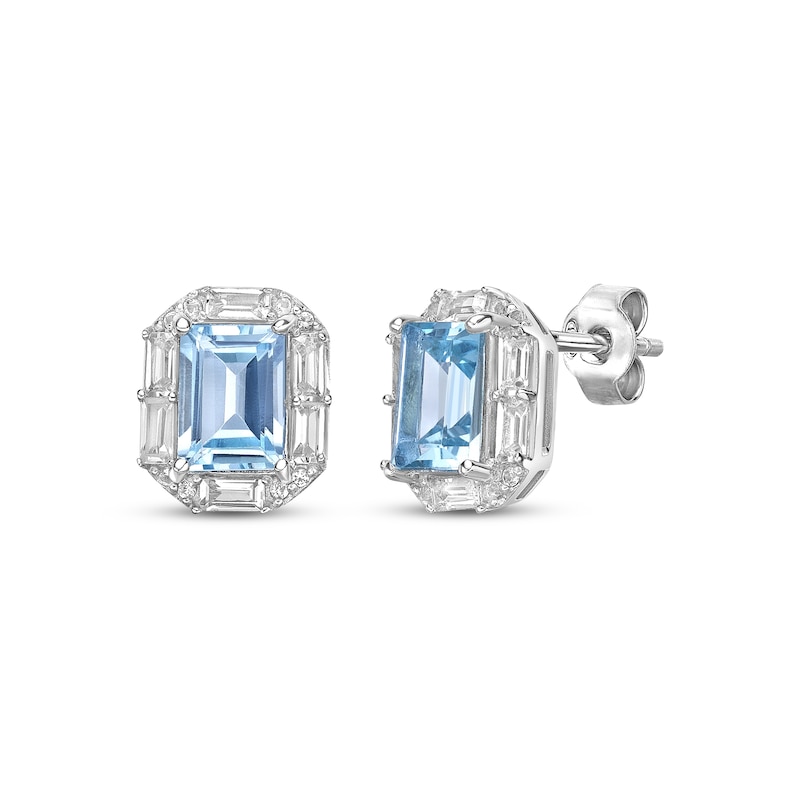Emerald-Cut Swiss Blue Topaz & White Lab-Created Sapphire Stud Earrings Sterling Silver