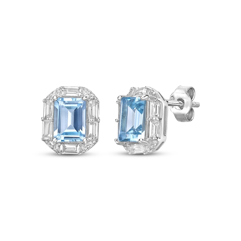 Main Image 1 of Rectangle-Cut Swiss Blue Topaz & White Lab-Created Sapphire Stud Earrings Sterling Silver