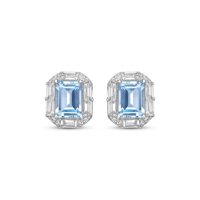 Main Image 2 of Rectangle-Cut Swiss Blue Topaz & White Lab-Created Sapphire Stud Earrings Sterling Silver