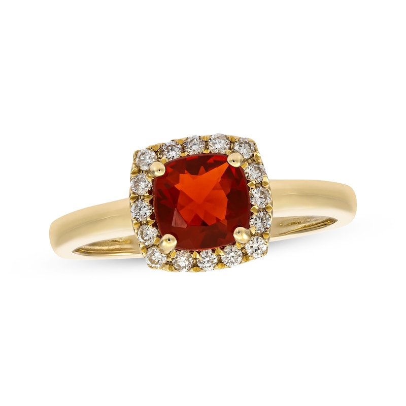 Main Image 1 of Cushion-Cut Mexican Fire Opal & Round-Cut Diamond Ring 1/5 ct tw 10K Yellow Gold