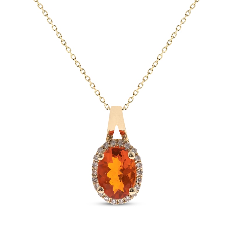 Main Image 1 of Oval-Cut Mexican Fire Opal & Round-Cut Diamond Necklace 1/8 ct tw 10K Yellow Gold 18“