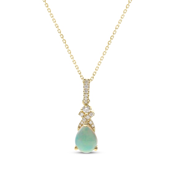 Pear-Shaped Opal & Round-Cut Diamond Necklace 1/10 ct tw 10K Yellow Gold 18”