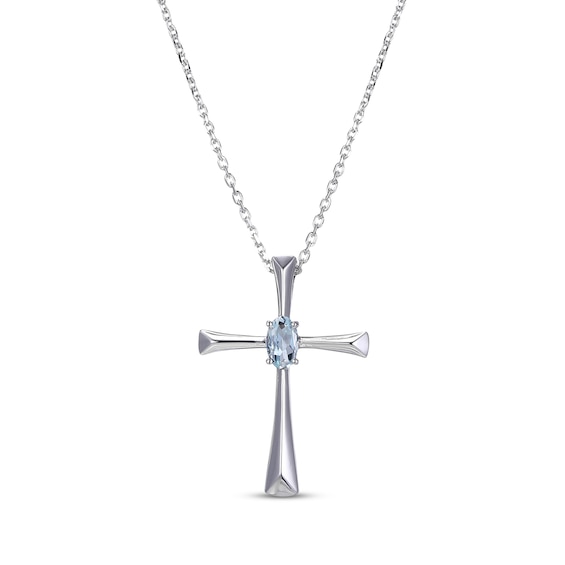 Oval-Cut Aquamarine Cross Necklace Sterling Silver 18”
