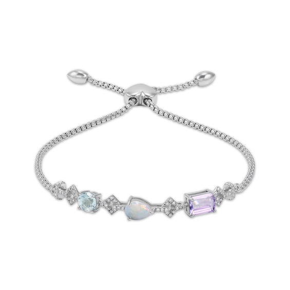 Multi-Gemstone Bolo Bracelet 1/5 ct tw Diamond Sterling Silver