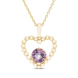 Round-Cut Amethyst Beaded Open Heart Necklace 10K Yellow Gold 18”