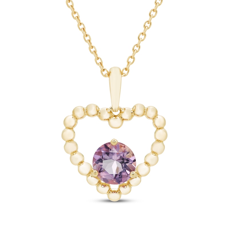 Main Image 1 of Round-Cut Amethyst Beaded Open Heart Necklace 10K Yellow Gold 18”