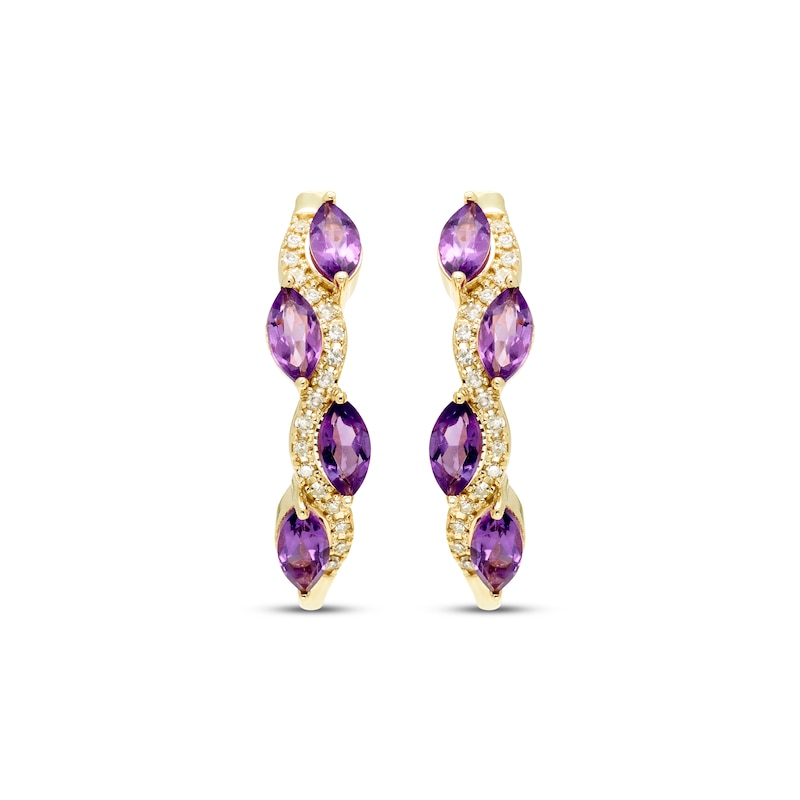 Main Image 2 of Marquise-Cut Amethyst & Diamond Hoop Earrings 1/10 ct tw 10K Yellow Gold