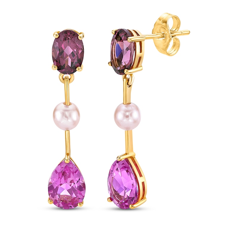 Oval-Cut Rhodolite Garnet, Pink Cultured Pearl & Pear-Shaped Pink Lab-Created Sapphire Drop Earrings 10K Yellow Gold