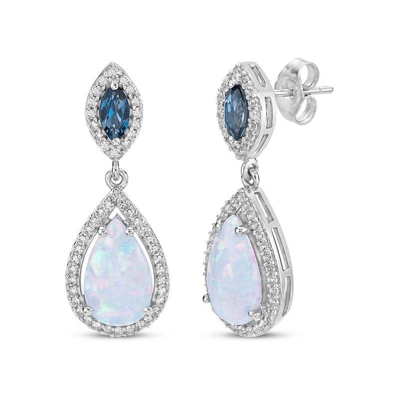Main Image 1 of Multi-Shape Lab-Created Opal, London Blue Topaz & White Lab-Created Sapphire Drop Earrings Sterling Silver