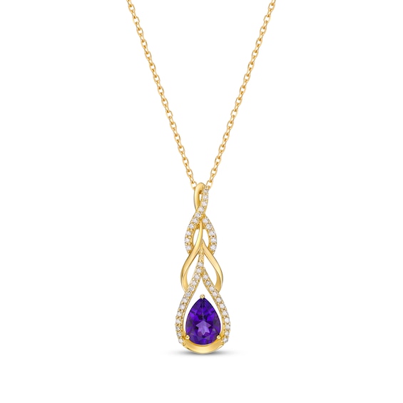 Pear-Shaped Amethyst & Round-Cut Diamond Teardrop Twist Necklace 1/5 ct tw 10K Yellow Gold 18”
