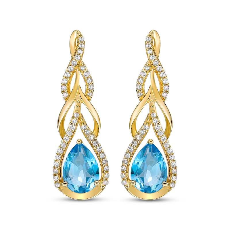 Main Image 2 of Pear-Shaped Swiss Blue Topaz & Round-Cut Diamond Teardrop Twist Earrings 1/4 ct tw 10K Yellow Gold