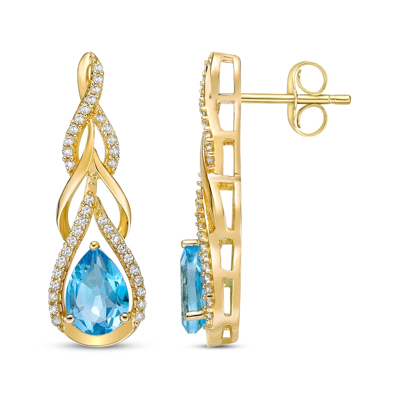 Main Image 3 of Pear-Shaped Swiss Blue Topaz & Round-Cut Diamond Teardrop Twist Earrings 1/4 ct tw 10K Yellow Gold