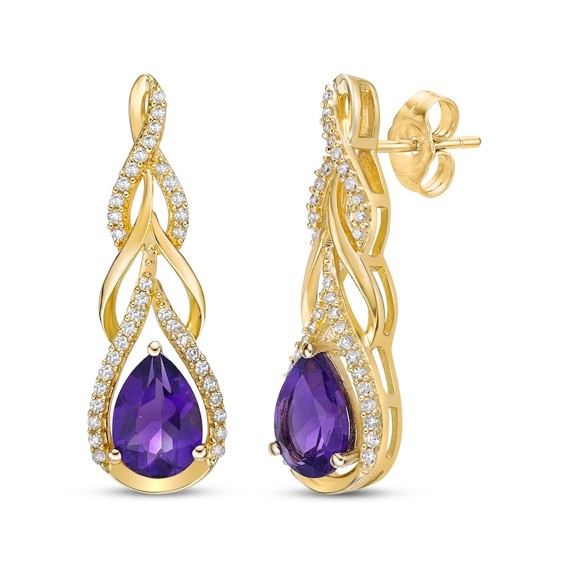 Main Image 1 of Pear-Shaped Amethyst & Round-Cut Diamond Teardrop Twist Earrings 1/4 ct tw 10K Yellow Gold
