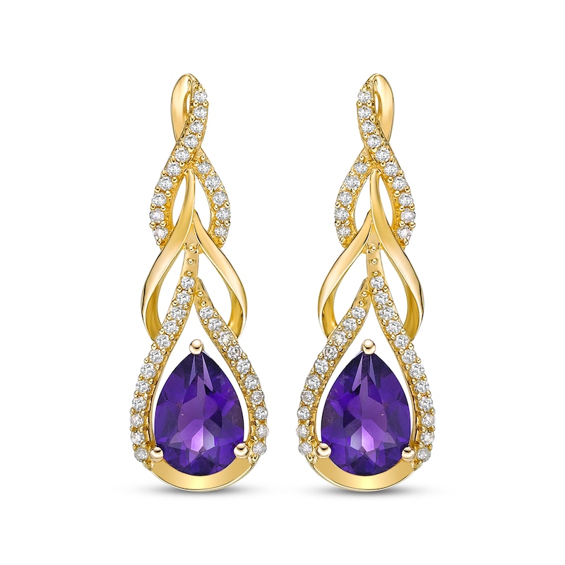 Main Image 2 of Pear-Shaped Amethyst & Round-Cut Diamond Teardrop Twist Earrings 1/4 ct tw 10K Yellow Gold