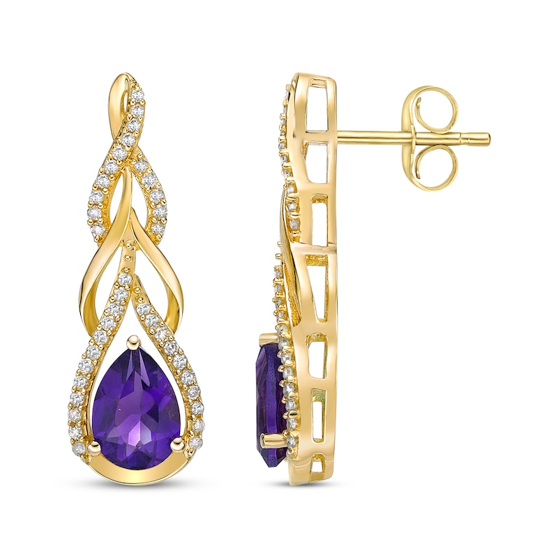 Main Image 3 of Pear-Shaped Amethyst & Round-Cut Diamond Teardrop Twist Earrings 1/4 ct tw 10K Yellow Gold