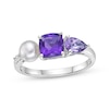 Thumbnail Image 1 of Pear-Shaped Light Amethyst, Cultured Pearl, Cushion-Cut Amethyst & Round-Cut White Lab-Created Sapphire Ring Sterling Silver