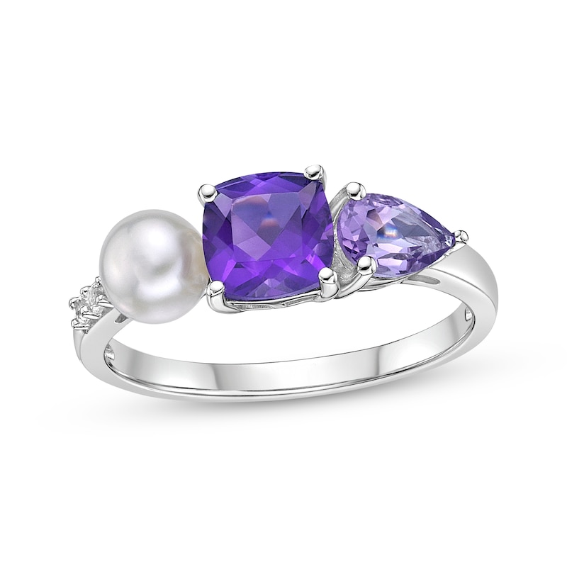Main Image 1 of Pear-Shaped Light Amethyst, Cultured Pearl, Cushion-Cut Amethyst & Round-Cut White Lab-Created Sapphire Ring Sterling Silver