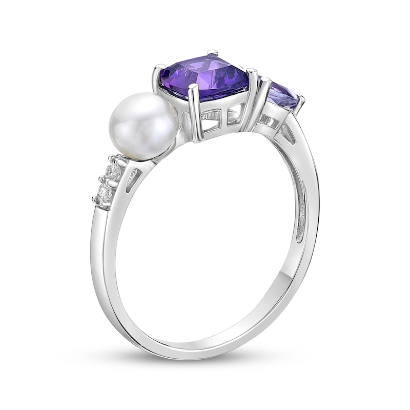 Main Image 2 of Pear-Shaped Light Amethyst, Cultured Pearl, Cushion-Cut Amethyst & Round-Cut White Lab-Created Sapphire Ring Sterling Silver
