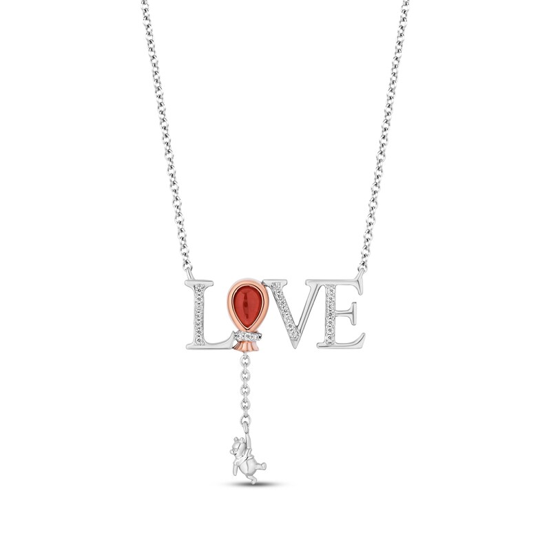 Main Image 1 of Disney Treasures Winnie the Pooh LOVE Pear-Shaped Garnet & Diamond Necklace 1/15 ct tw Sterling Silver & 10K Rose Gold 18”