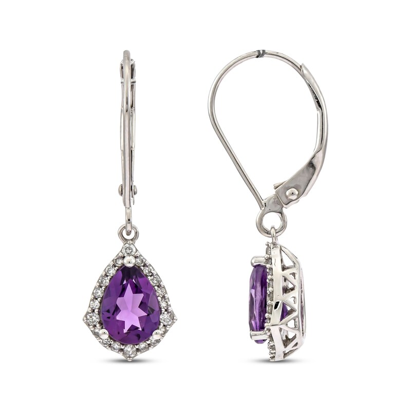 Main Image 1 of Pear-Shaped Amethyst & Round-Cut Diamond Drop Earrings 1/5 ct tw 10K White Gold