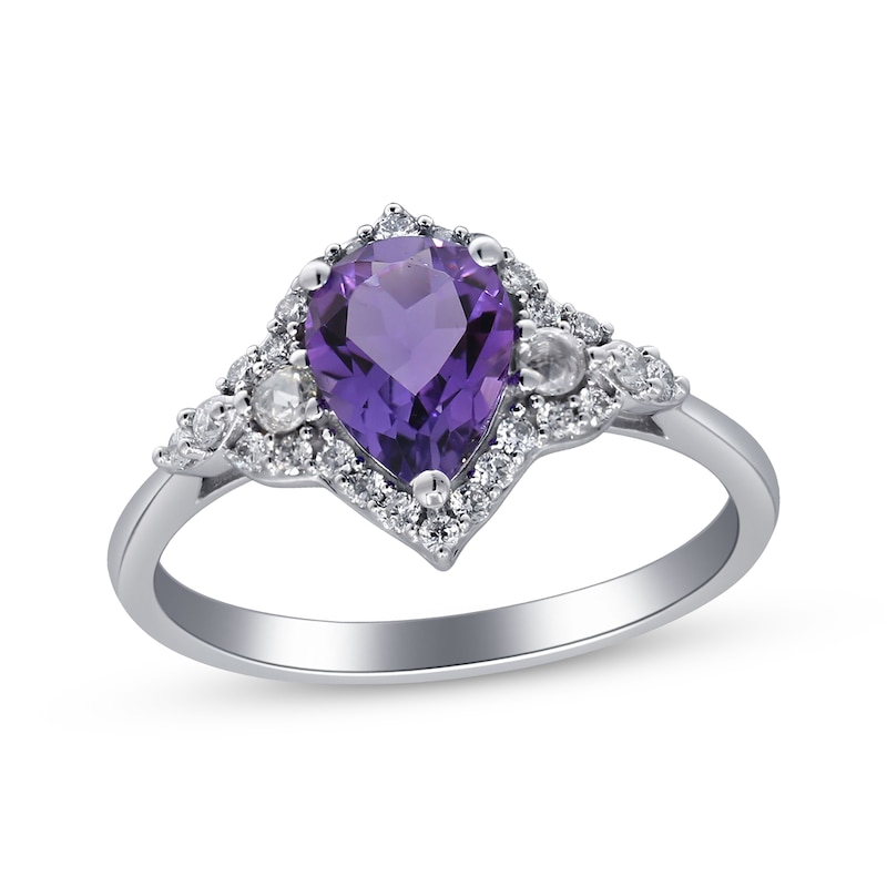 Main Image 1 of Pear-Shaped Amethyst & Round-Cut Diamond Ring 1/4 ct tw 10K White Gold