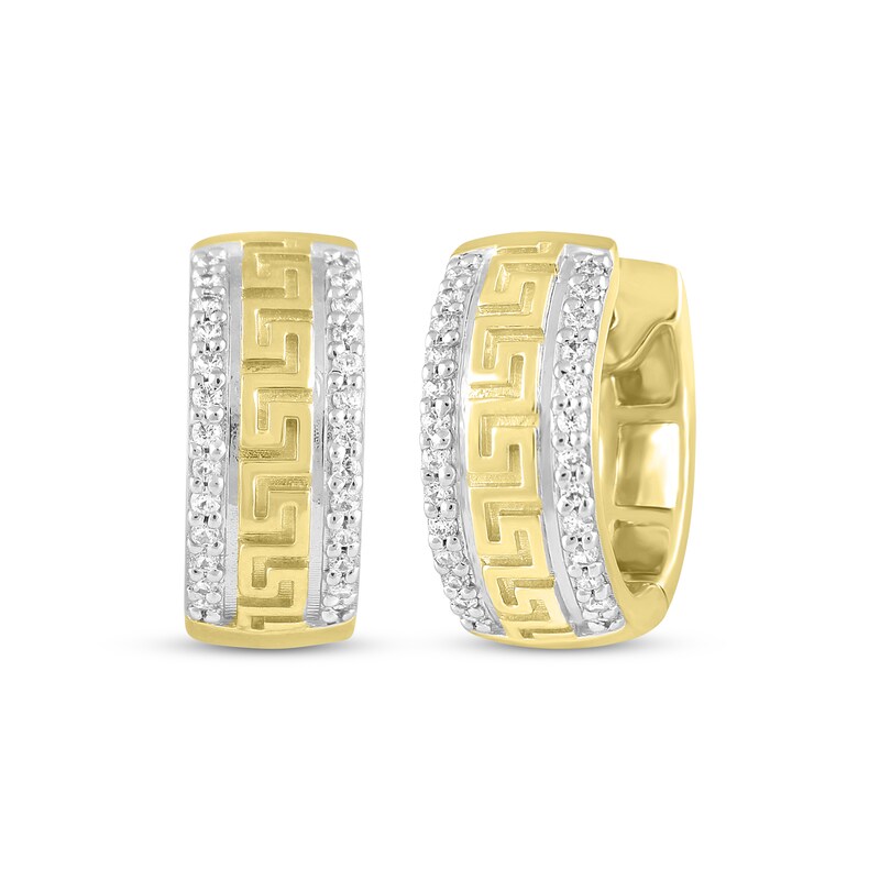 Main Image 1 of Men’s Round-Cut Diamond Greek Key Huggie Hoop Earrings 1/5 ct tw 10K Yellow Gold