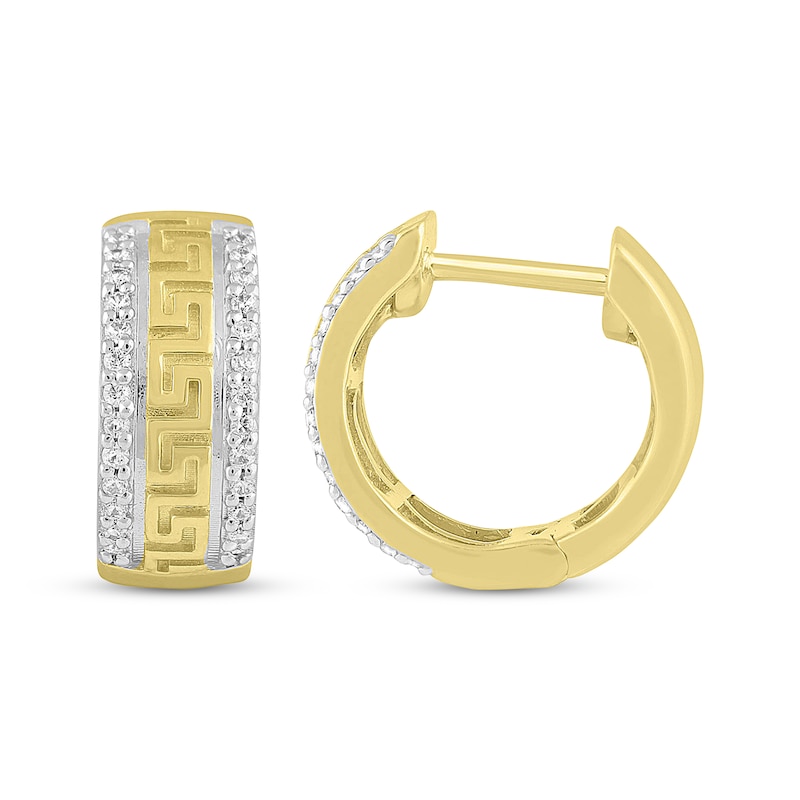 Main Image 3 of Men’s Round-Cut Diamond Greek Key Huggie Hoop Earrings 1/5 ct tw 10K Yellow Gold