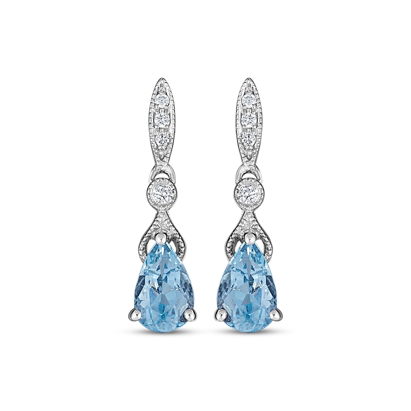 Vintage-Style Pear-Shaped Aquamarine & Round-Cut Diamond Drop Earrings 1/20 ct tw 10K White Gold