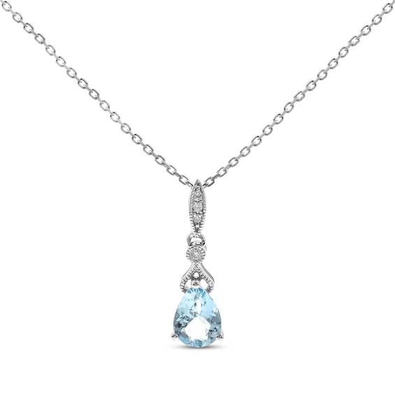 Vintage-Style Pear-Shaped Aquamarine & Diamond Accent Necklace 10K White Gold 18"