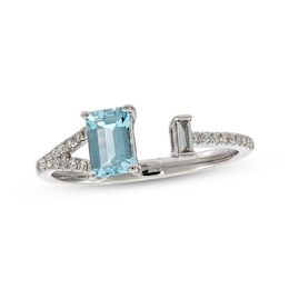Emerald-Cut Aquamarine, Round & Baguette-Cut Diamond Ring 1/6 ct tw 10K White Gold