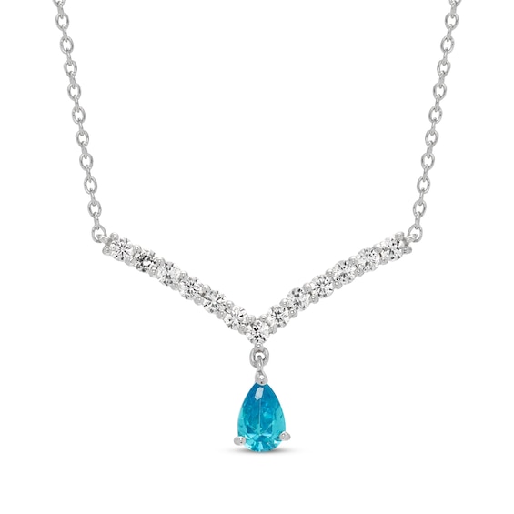Pear-Shaped London Blue Topaz & White Lab-Created Sapphire Chevron Necklace Sterling Silver 18”