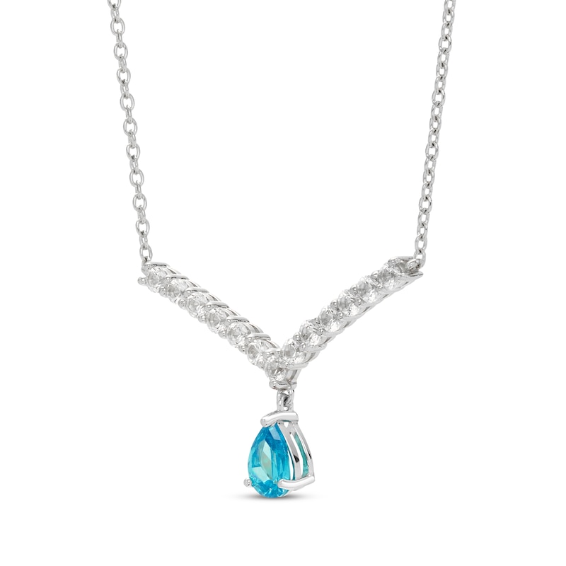 Main Image 2 of Pear-Shaped London Blue Topaz & White Lab-Created Sapphire Chevron Necklace Sterling Silver 18”