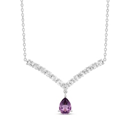 Pear-Shaped Amethyst & Round-Cut White Lab-Created Sapphire Chevron Necklace Sterling Silver 18”