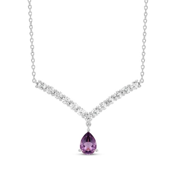 Pear-Shaped Amethyst & Round-Cut White Lab-Created Sapphire Chevron Necklace Sterling Silver 18”