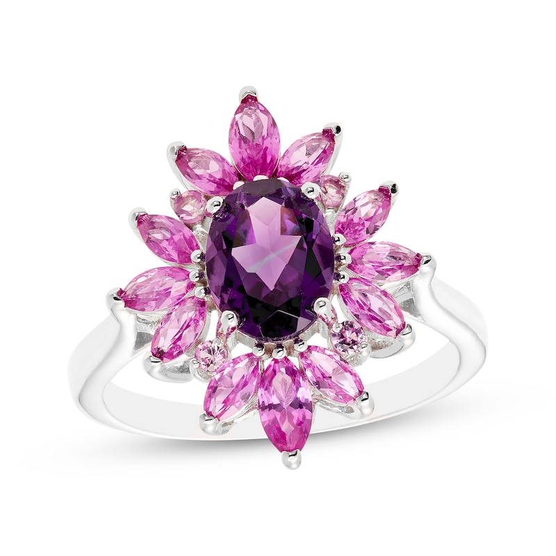 Main Image 1 of Oval-Cut Amethyst, Marquise & Round-Cut Pink Lab-Created Sapphire Cocktail Ring Sterling Silver