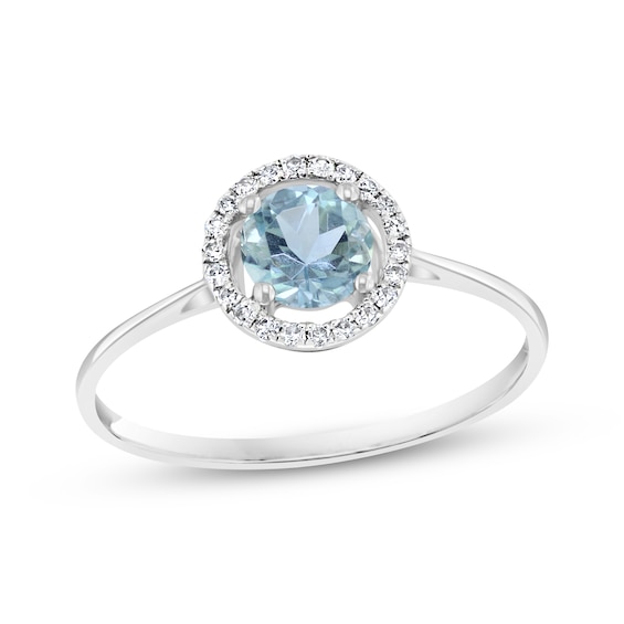 Round-Cut Aquamarine & Diamond Halo Ring 1/15 ct tw 10K White Gold