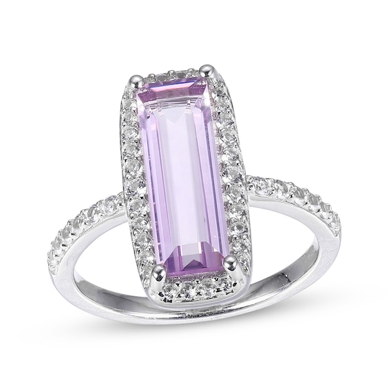 Rectangle-Cut Amethyst & Round-Cut White Lab-Created Sapphire Ring Sterling Silver