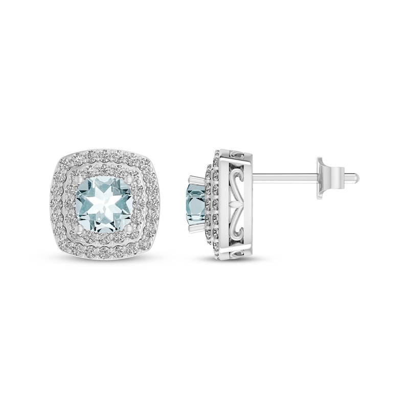 Main Image 1 of Cushion-Cut Aquamarine & Round-Cut White Lab-Created Sapphire Stud Earrings Sterling Silver