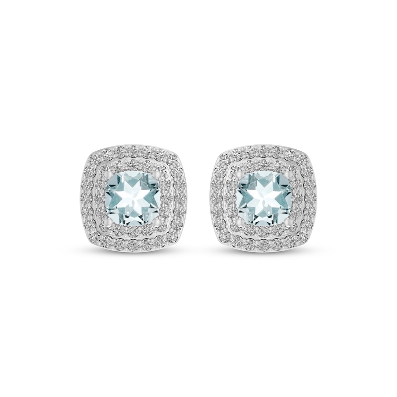 Main Image 2 of Cushion-Cut Aquamarine & Round-Cut White Lab-Created Sapphire Stud Earrings Sterling Silver